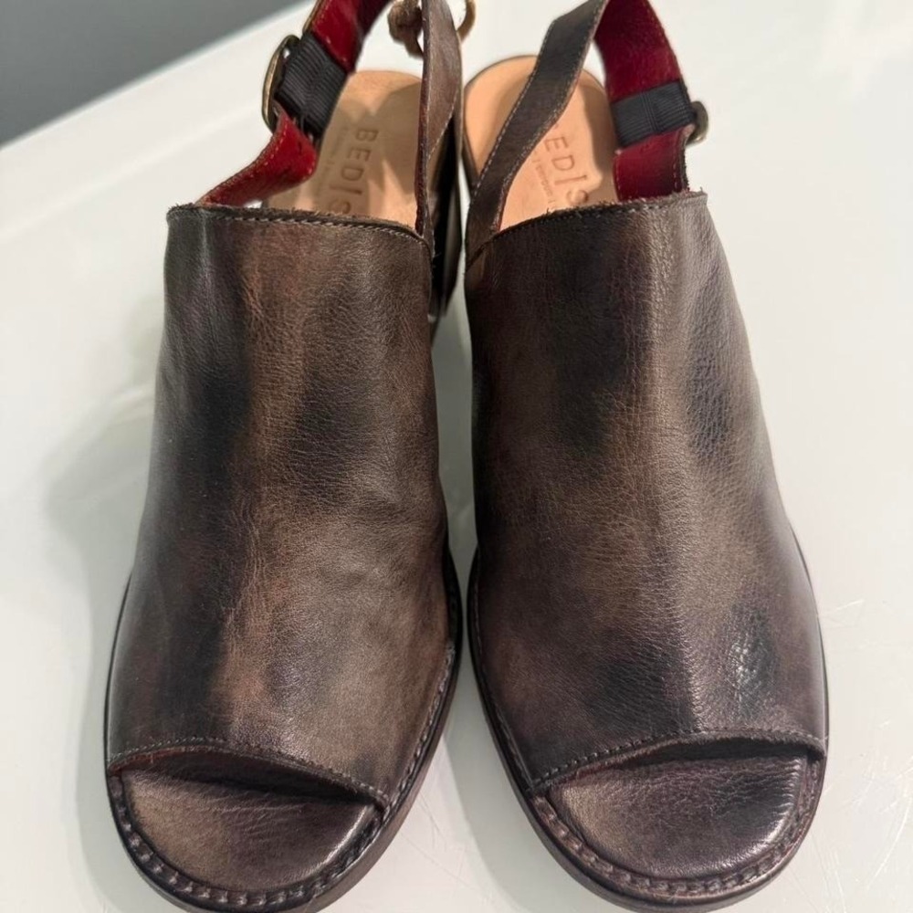 Bed|Stu Distressed Brown Leather Peep Toe Slingback Heels 7.5